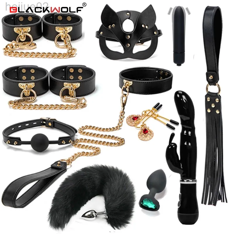 Blackwolf BDSM Bondage Kits äkta läderretention Set Hands Collar Gag Rabbit Vibrators Adult Sex Toys for Women Set L220808