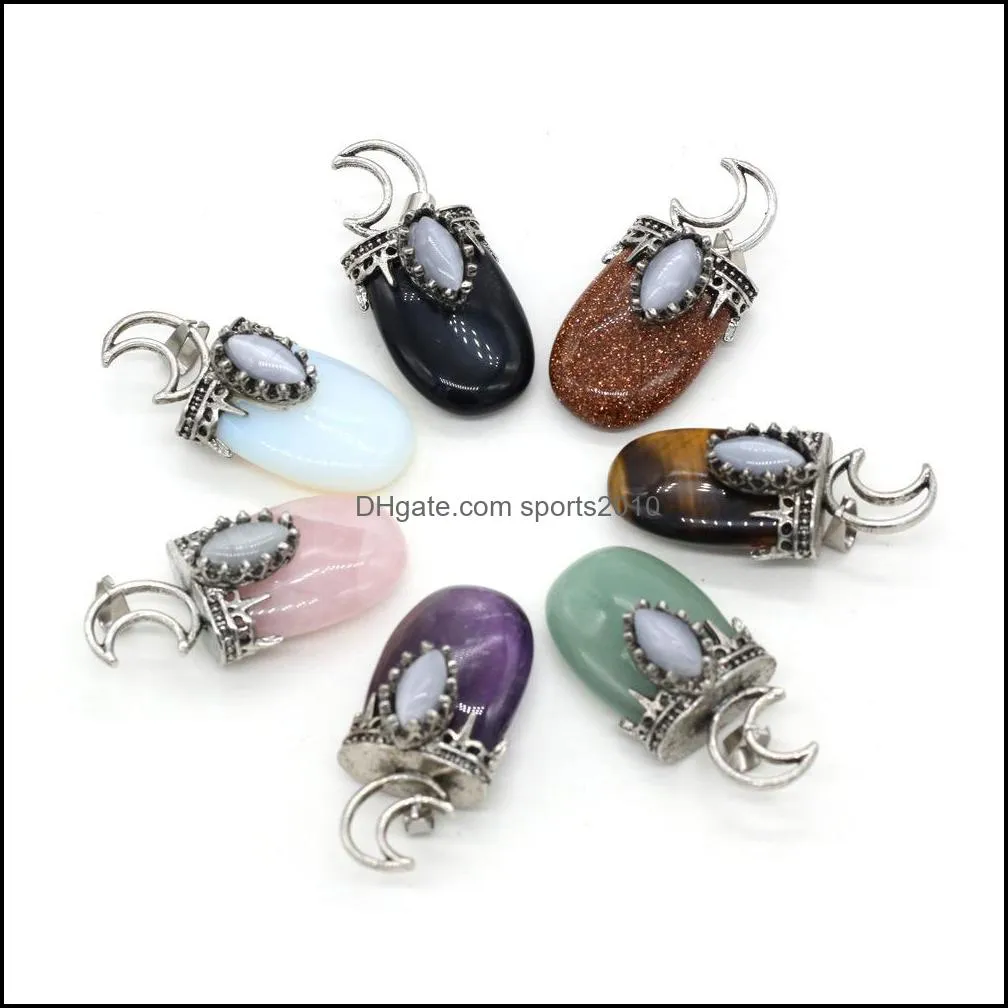 natural stone 7 chakra charms retro moon shape pendant rose quartz healing reiki crystal finding for diy necklaces jewelry 22x45mm sports2010