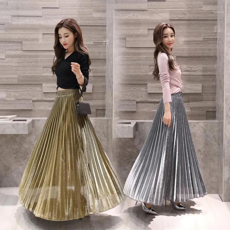 Skirts 2022 Autumn Winter High Waisted Female Long Skirt Fashion Women Solid Yellow Gold Pleated Casual Elastic Waist