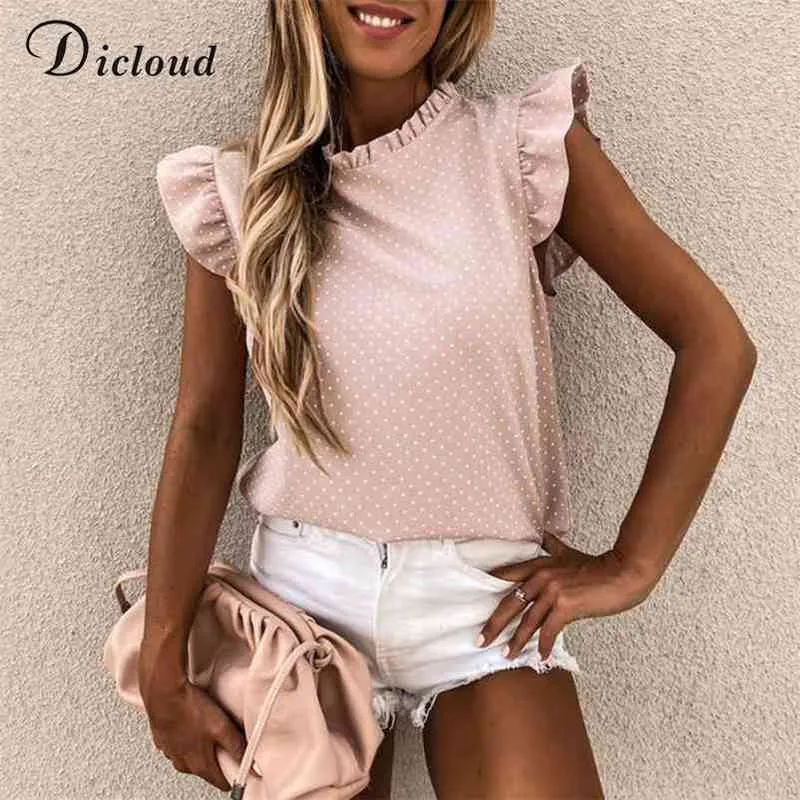 Dicloud Polka Dot Fırfır Kısa Kollu Kadın Gömleği Yaz Moda Düğmesi Kapanış bayanlar Blouses Casual Tatlı Top 210401
