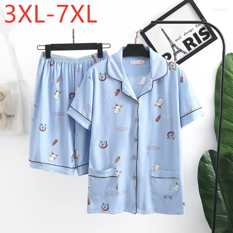 Pijamas femininos de pisos de pista de piscar de verão para mulheres para mulheres grandes camisa azul e shorts de manga curta e shorts Home Wear Conjuntos 3xl 4xl 5xl