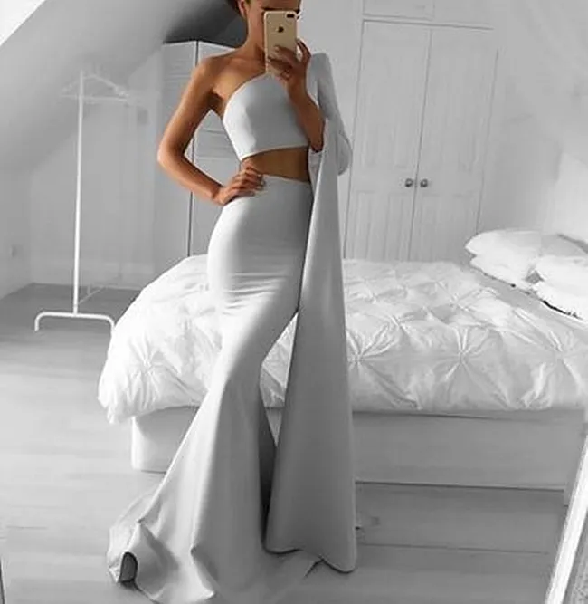 Enkel Arabisk One Shoulder Mermaid Prom Klänningar Två Piece Långärmad Special Occasion Grows Crop Top Cocktail Party Dress Women Girls Silver Satin Evening Wear