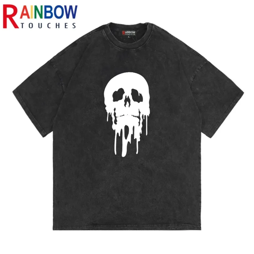 Rainbowtouches Washed T Shirt Vintage Unisex High Street Schwarz Schädel Muster Männer Oversize Street Fashion Männer Grafik Shirts 220608
