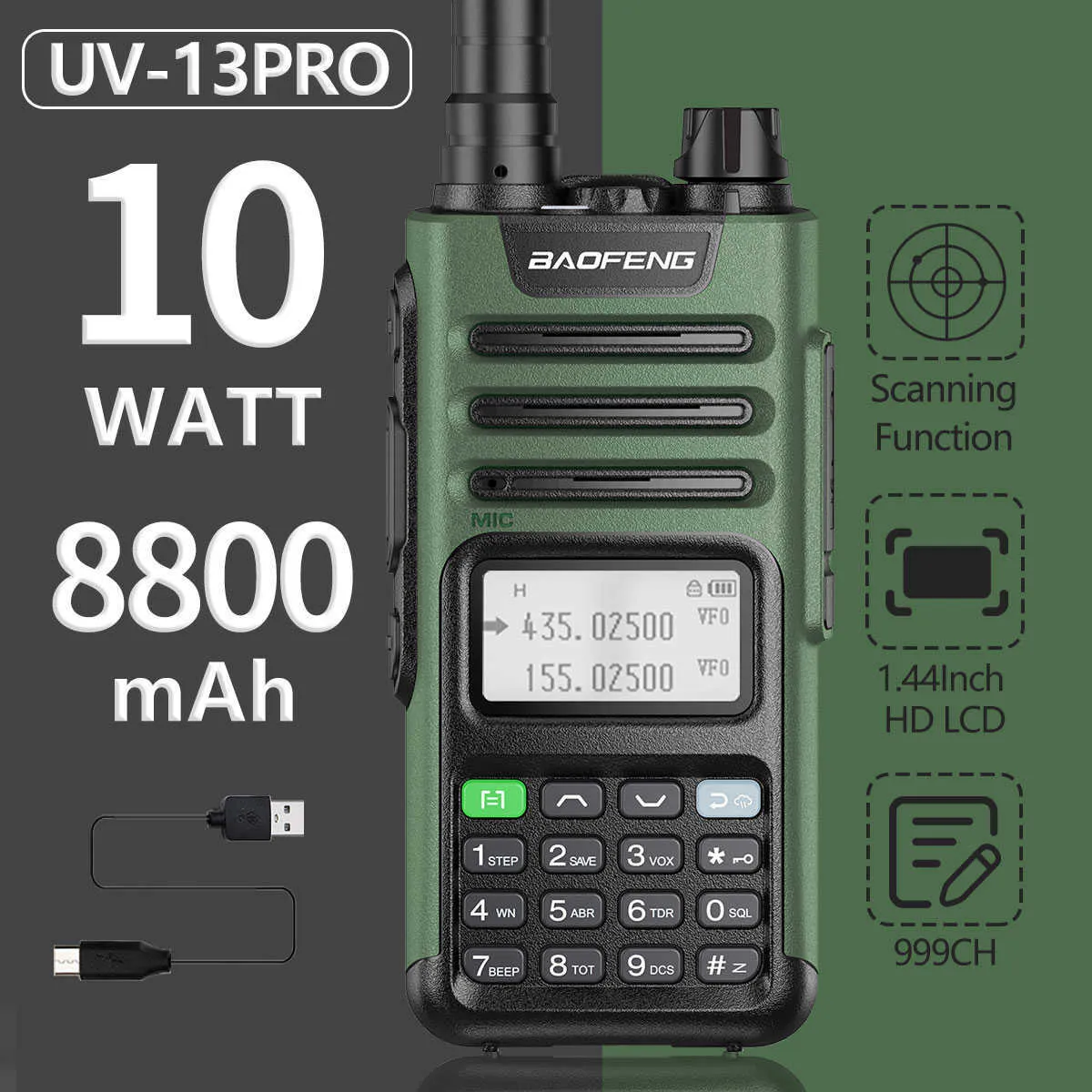 Baofeng UV-13 PRO Walkie Talkie 10W 8800mAh High Power 999 Channel Dual  Band UHF VHF Radio Transmitter Typ-C Jack Upgrade 10R