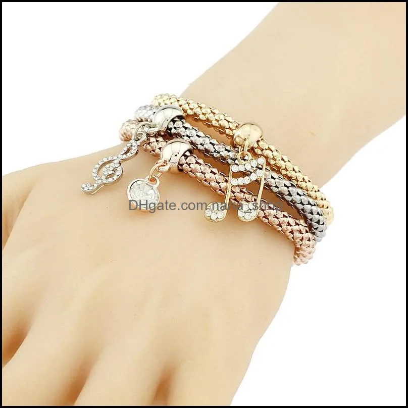 New three-color popcorn bracelet sets stretch bangles crystal rhinestone music note butterfly Square spacer Charms For women Fashion