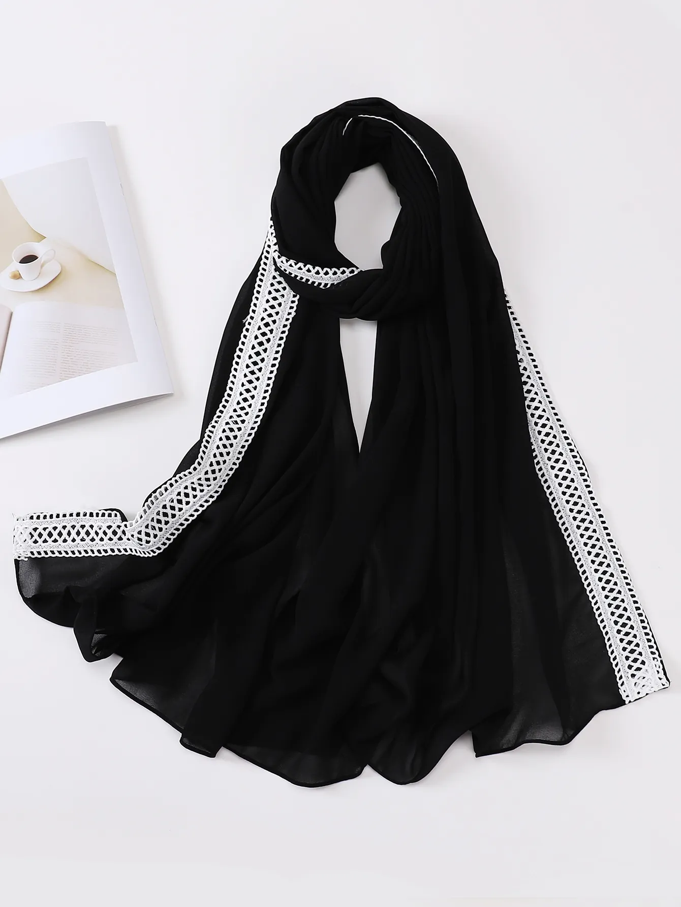 2022 new Plain Bubble Chiffon con pizzo scozzese Hijab donne musulmane moda donna foulard islam sciarpe per le donne copricapo scialle estate