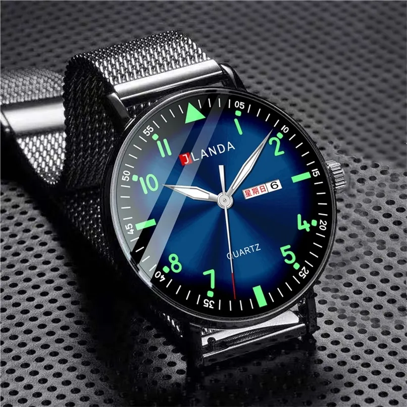 JlandA Mens Moda Relógios Ultra Fino Aço Inoxidável Malha Cinto de Quartzo Relógio de Pulso Homens Business Luminous Relógio Montre Homme 220407