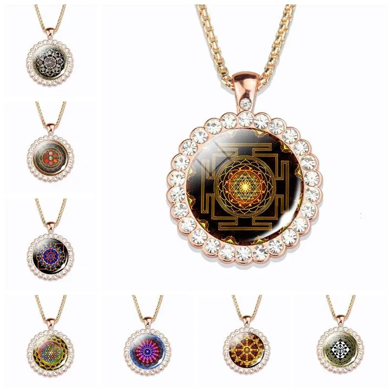 Kolye Kolye Sri Yantra Mandala Desen Cam Rhinestone Kolye Budist Kutsal Geometri Gül Altın Kaplama Zinciri Kolye