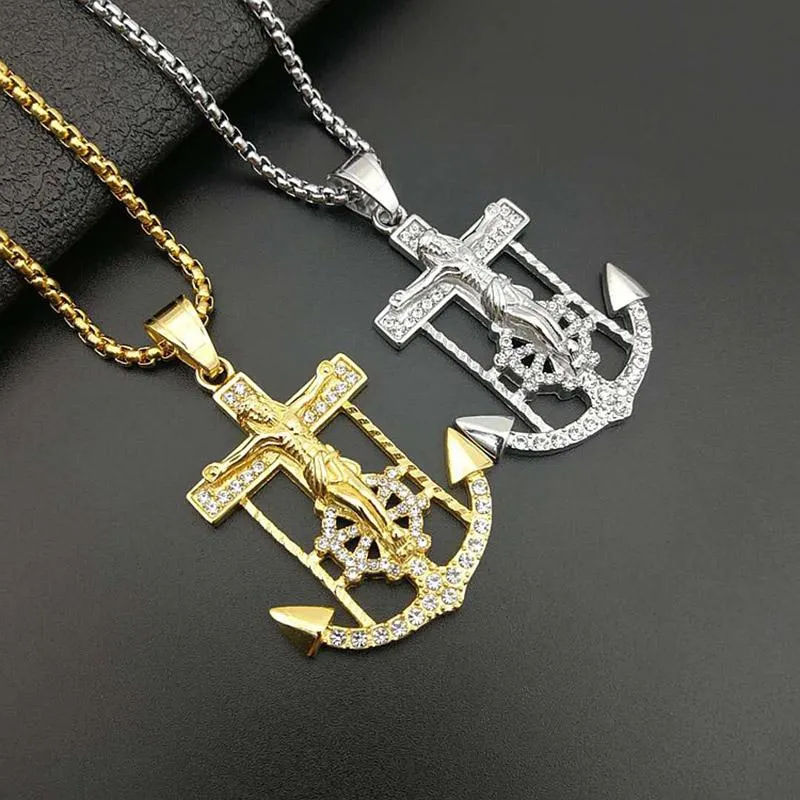 Pendant Necklaces Hip Hop Bling Iced Out Stainless Steel INRI Crucifix Jesus Anchor Rudder Pendants Neckalce For Men Rapper JewelryPendant