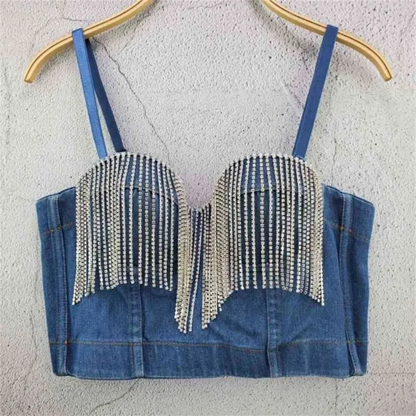 Fashion Ladies Camis Runway Jeans Crop Top Luksus Blue Sexy Celebrity Party Club Kamizelka 210326