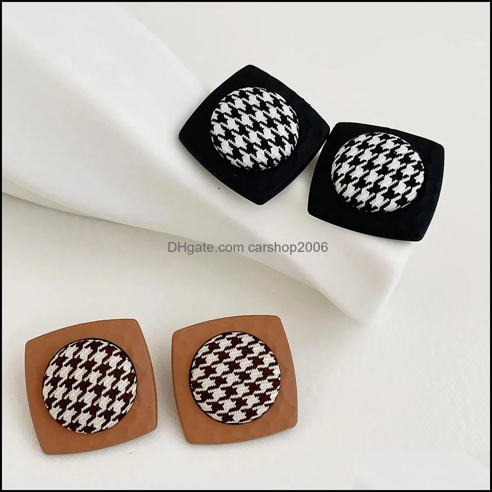 elegant black white plaid geometric stud earring for women 2021 chic metal square dangle earrings korean winter jewelry