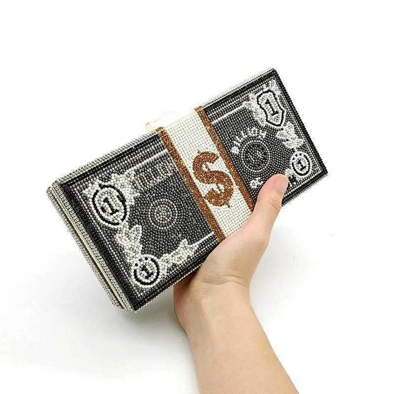 NO GIFT box women evening party stack of funny money purse crystal cross body cash dollar  bag Q1113