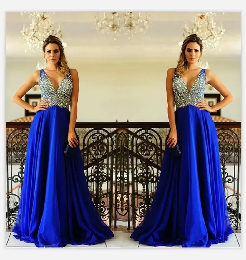 Graduation Long Royal Blue Prom Dress Chiffon Elegant Deep V Neck Floor Length A Line Rhinestone Prom Dresses Plus Size