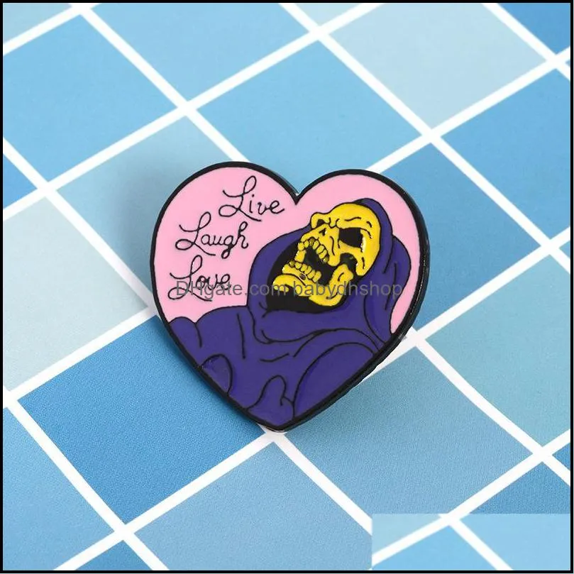 Live Laugh Love enamel pin Heart shape Skeleton Badge Brooch Lapel pin for Denim Jeans shirt bag Gothic Jewelry Gift for friend