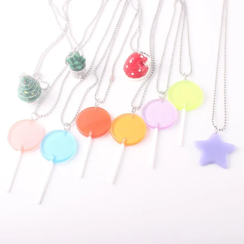 Pendant Necklaces Trend Cute Lollipop Necklace Circle Long Silver Chain Multi Color NecklacePendant NecklacesPendant