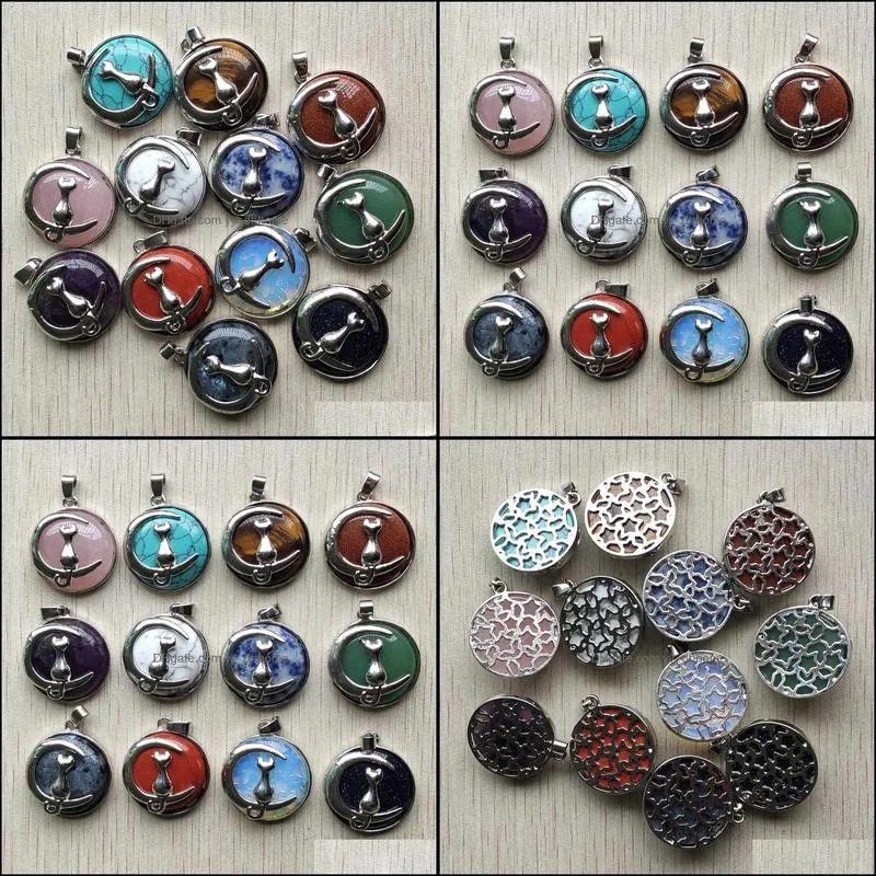 round ssorted moon cat pattern natural stone charms crystal pendants for necklace accessories jewelry making