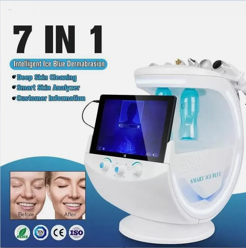 Portable Hydra Facial Aqua Peel Dermabrasion Oxygen Jet 7 i 1 Ice Blue Skin Analyzer Hydro Cleansing Machine Blackhead Removal Anti Rynkor Ansiktsutrustning