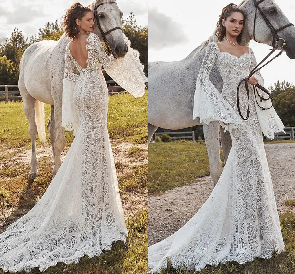 Long Sleeve Country Wedding Dresses Backless Beach Wedding Dresses