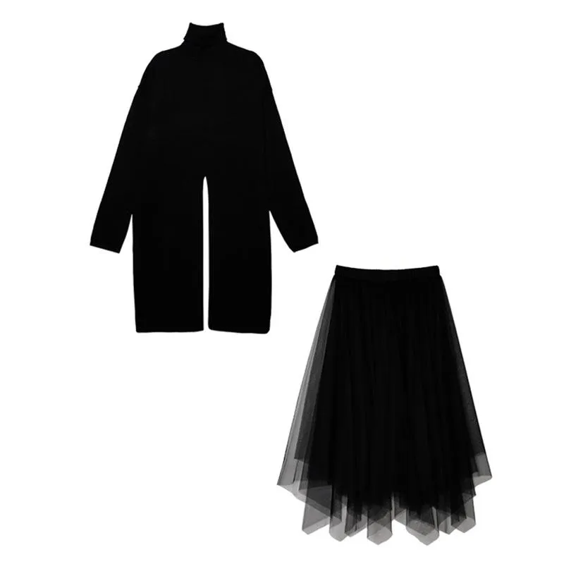 Рабочие платья Ретро Черный вязаный свитер наборы модного дизайна сплит с длинным рукавом пуловерные вершины и нерегулярные сетки юбка 2 шт. Осень