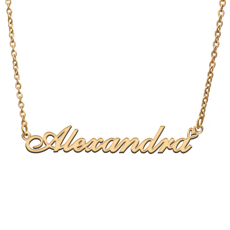 Alexandra Name Necklaces for Women Love Heart Gold Nameplate Pendant Girl Stainless Steel Nameplated Girlfriend Birthday Christmas Statement Jewelry Gift