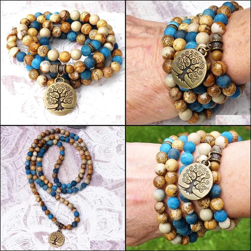 MG0829 6 MM Matte Picture Jasper 108 Mala Yoga Jewelry Natural Apatite Wrap Bracelet Trendy Design Tree of life Chram Bracelet