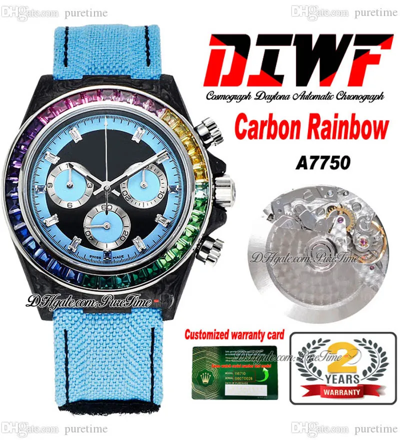 DIWF ETA A7750 chronographe automatique unisexe pour homme et femme montre en fibre de carbone arc-en-ciel diamant lunette bleu cadran noir bracelet en nylon blanc Super Edition Puretime F6