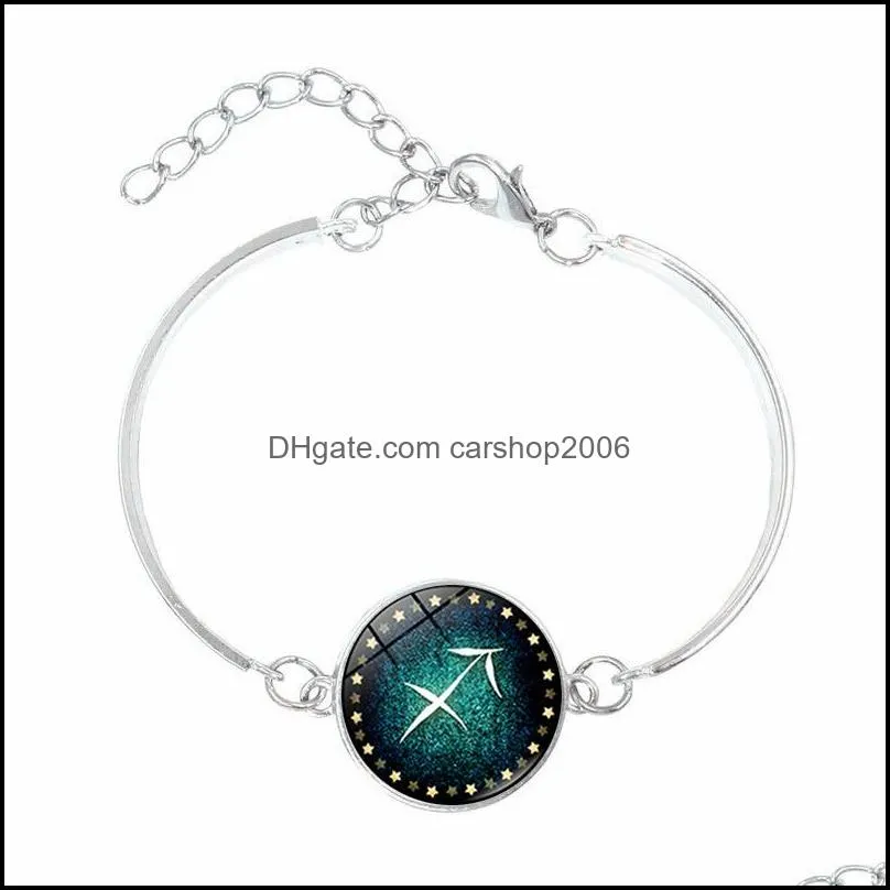 Fashion Time Gem Cabochon Twelve Constellations Zodiac Bracelet Silver Plated 12 Zodiac Bracelet Bangle Women Men Jewelry