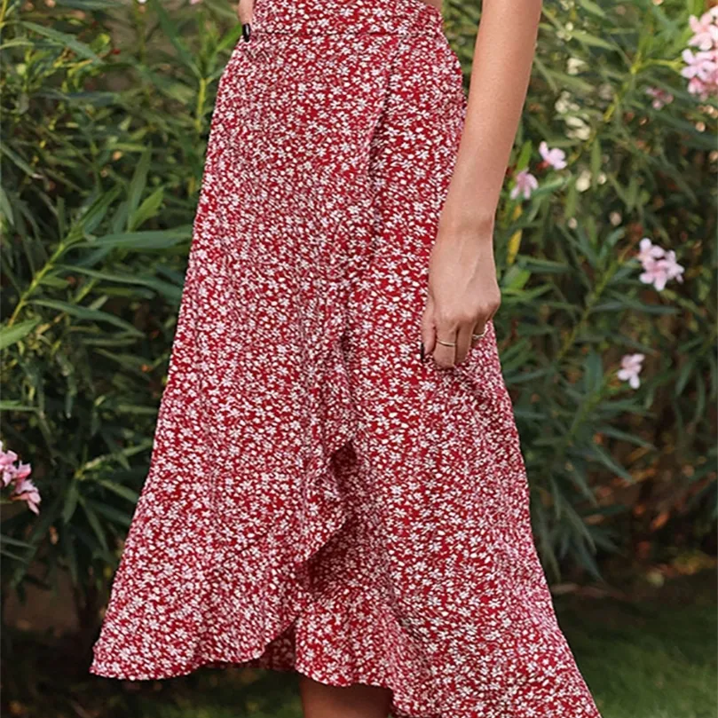 Faldas midi con estampado floral para mujer Falda de cintura alta roja elegante informal Falda de playa irregular con volantes Verano 220611