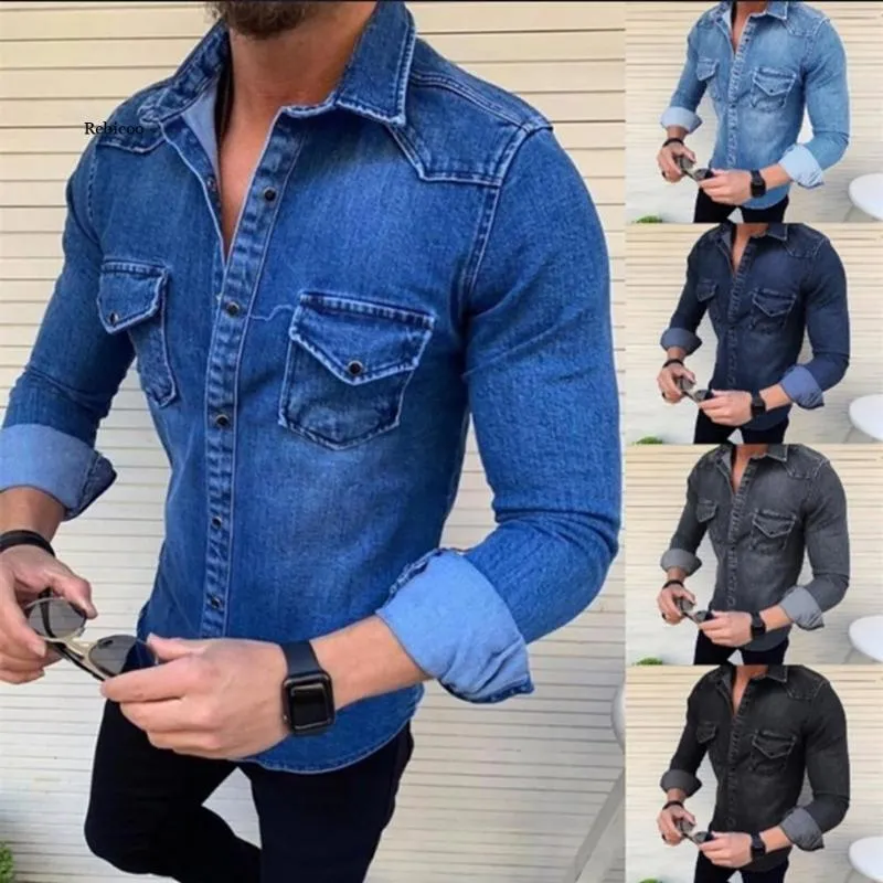 Hommes Chemises Décontractées Printemps Automne Hommes Jeans Chemise À Manches Longues Denim Pour Hommes Doux Coton Deux Poches Mince Élastique Chemise HommeMen's