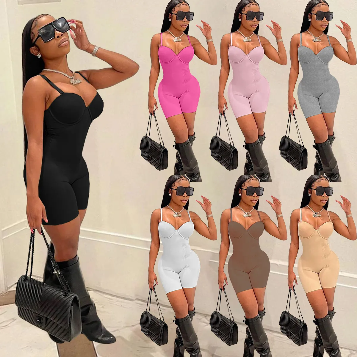 Dompers för kvinnor sommar sexig dressy One Piece Rompers Nude Ärmlös Ström Kvinnor Jumpsuits Deep V Neck Short Club Slim Fit Empire Waist Clohtes Kanada