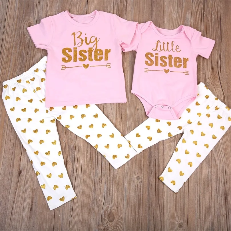 2 pièces ensemble soeur Match vêtements grande soeur t-shirt hauts pantalon petite soeur bébé body pantalon coeur imprimer tenue vêtements 220531