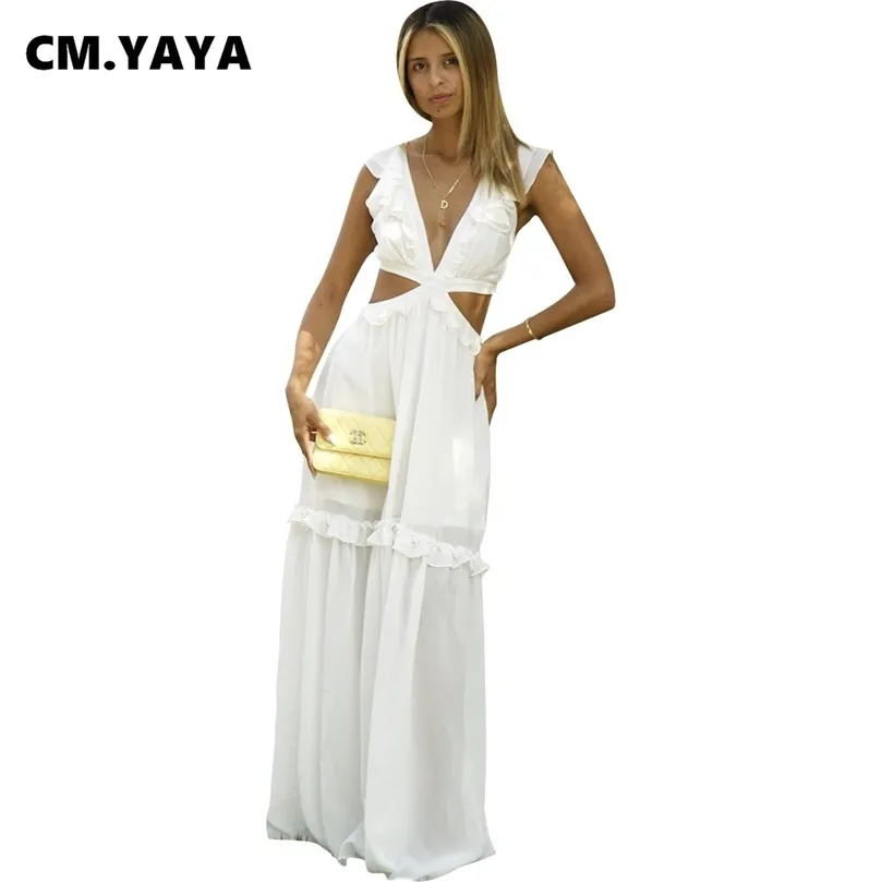Cm.yaya Женщины длинное платье с твердым рукавов V-образным вырезом повязки Hollow Out Maxi Plays Sexy Fashion Vestidos Летние наряды 220516