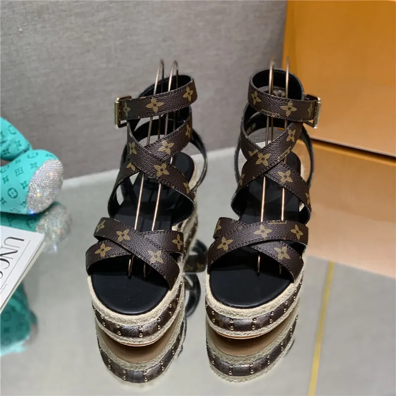 Summer Fashion Hemp Rope Wedge Series Cross Strap Sandals Old Flower Leather Sandal Size 34-42