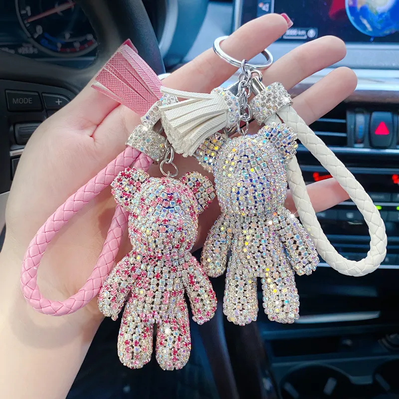 Key Rings Luxury Animal Keychains Rings Bear Bulldog Dog Tassel Full Crystal Rhinestone Car Key Chains Holder Silver Metal Keyrings Gifts Strap Bag Charms Pendants