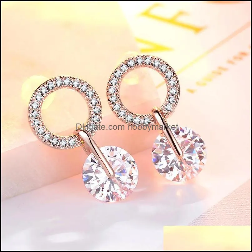 Hoop & Huggie MIQIAO Gold Plated Luxury Zircon Rings 1 Carat Round Crystal Vintage Boho Hook Stud Earrings For Women Wedding Couple