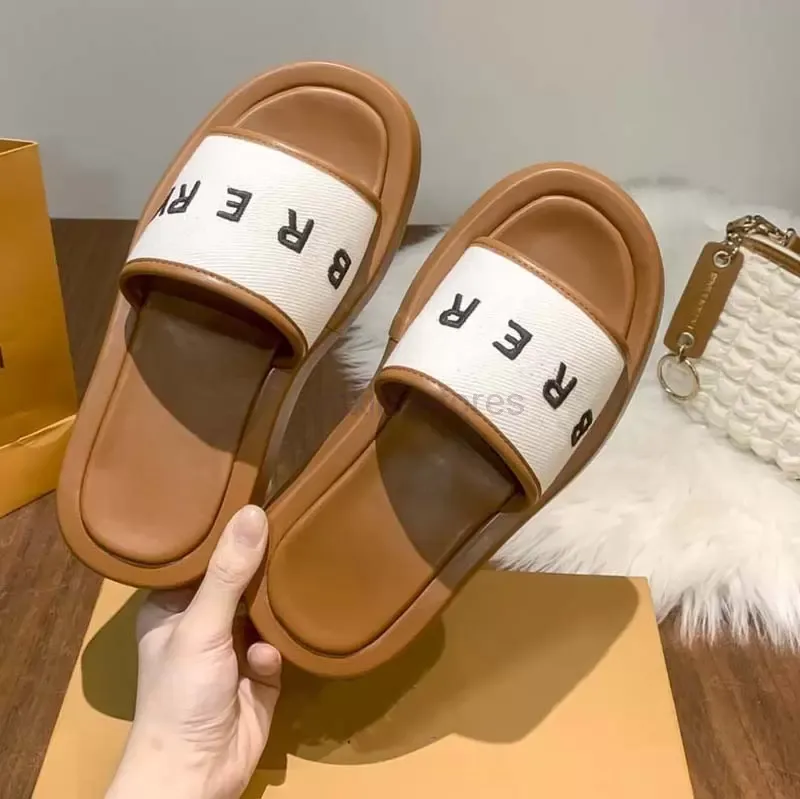 B Women Slippers Summer sandal classic khaki Girls Beach Slides Top Quality Flip Flops Loafers Sexy Embroidered Slippers - LF