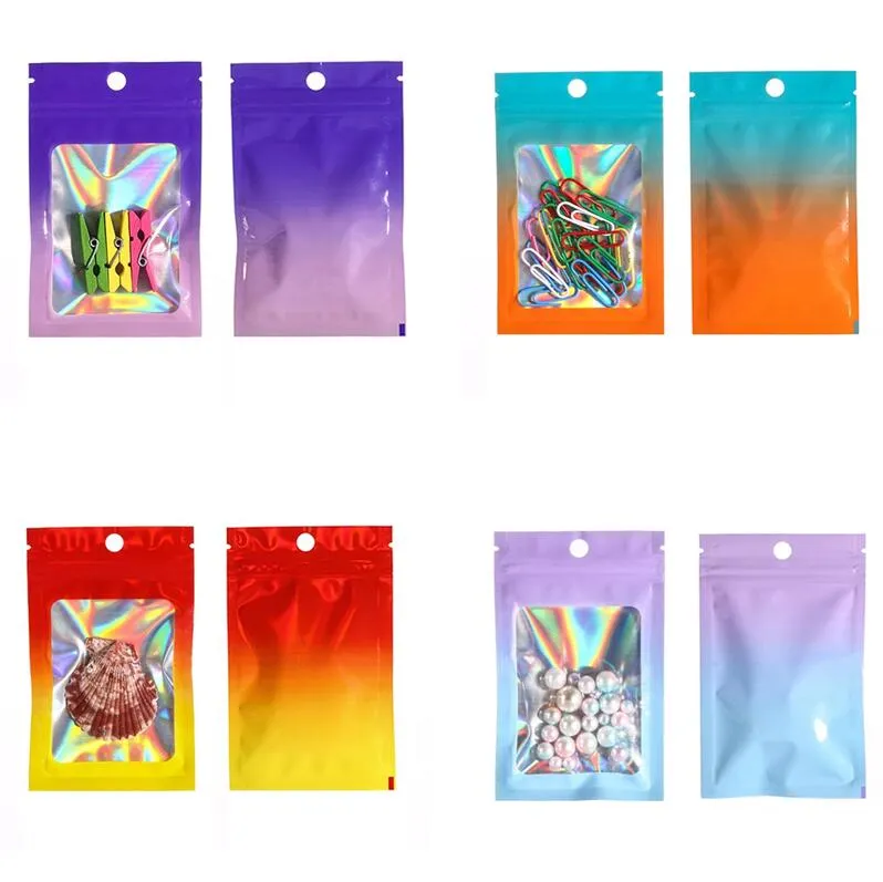 100pcs lot Gradient Color Flat Zipper Bags Holographic Aluminum Foil Pouch Cosmetics Gift Retail Bags with Hang Hole