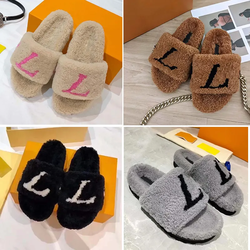 Femmes Laine Slide Luxe Hiver Fourrure Fluffy Furry Sandales Lettres Chaud Confort Pantoufles En Peluche Lady Slipper Chaussures Automne Éraflures Sandale Taille 35-41 avec boîte