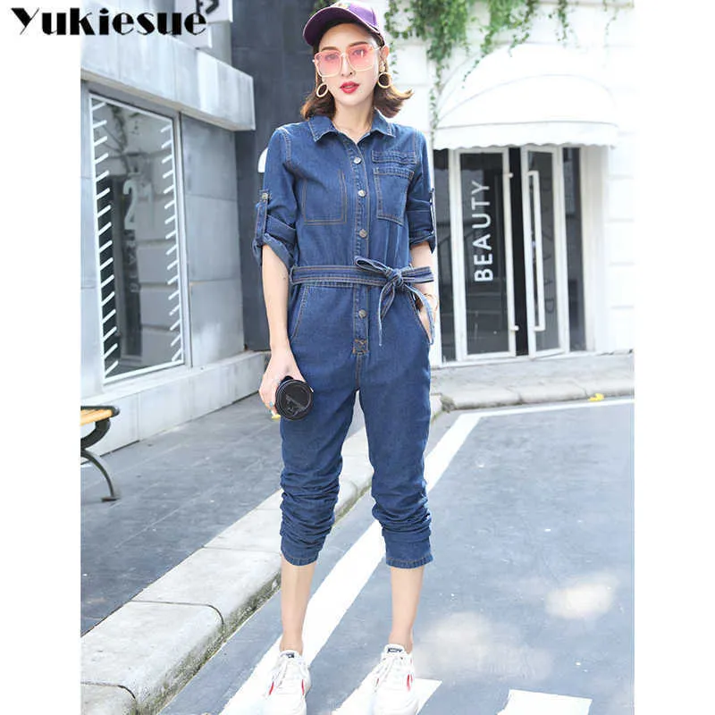 summer autumn sexy denim jumpsuit long women romper bodycon jeans overalls Casual fashion short sleeve party club wear 210608