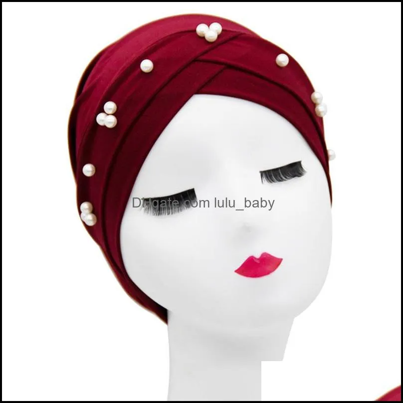 solid color pearl elastic beanie night hat women girl head cover sleeping caps headwear fashion accessories