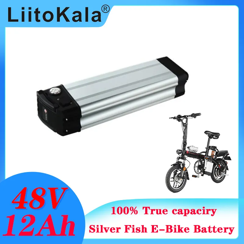 Liitokala 48V 12AH Lithium Silver Fish Ebike Batteripack 500W 48 V 12ah Electric Bike 18650 E-Bike Li-ion Batterie med 15A BMS Bottenladdning 18650 3000Mah 13S4P