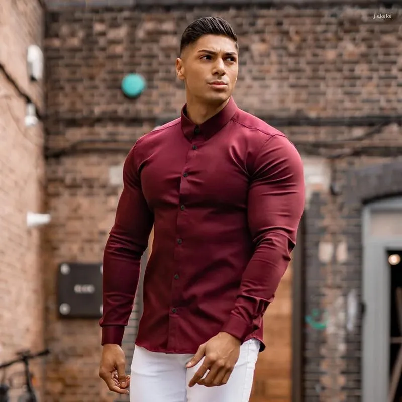 Men's Dress Shirts Autumn Fashion Long Sleeve Shirt Men Solid Super Slim Fit Male Social Business Brand Gym Fitness Sport Clothing