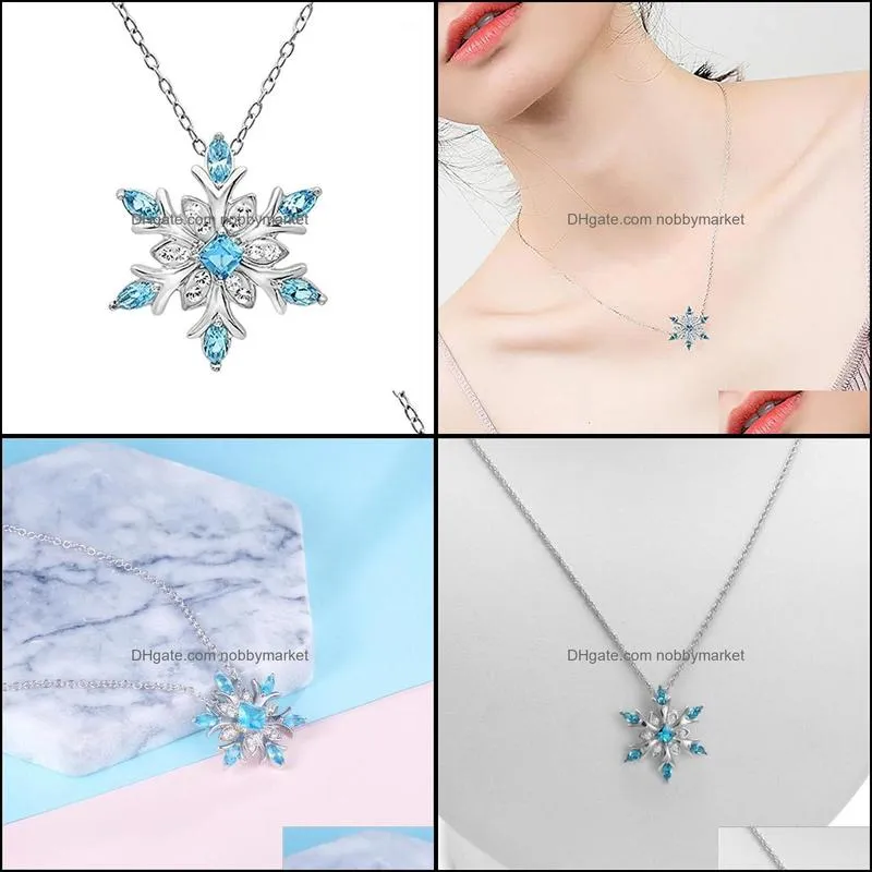 Pendant Necklaces Sparkling Crystal Frozen Snowflake Necklace Women Shiny Blue Flower Zircon Chokers Ladies Girls Birthday Gift1