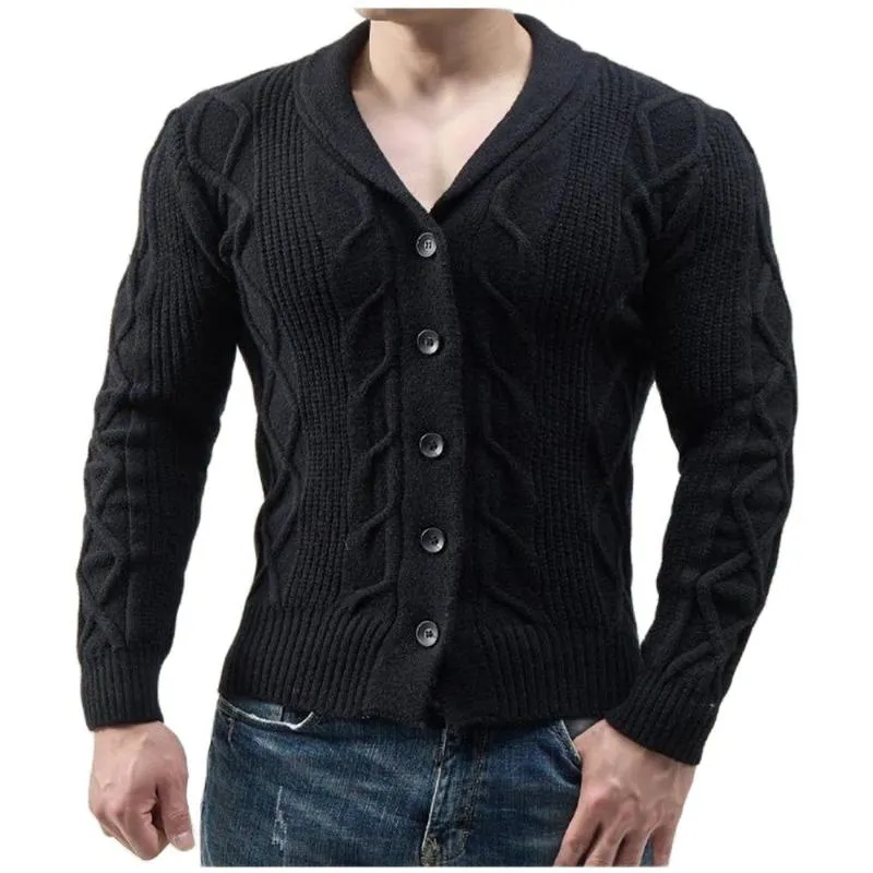 Men's Sweaters Autumn/Winter 2022 Europe-USA Style Men/Youth Turn-Down Collar Twist Single-Breasted Long Sleeve Slim Knit Cardigan SweaterMe