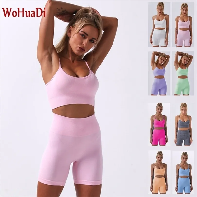 Wohuadi sömlös sport bh yoga set höga midja shorts kvinnokläder fitness träning gym kostym sportkläder leggings push up 220330