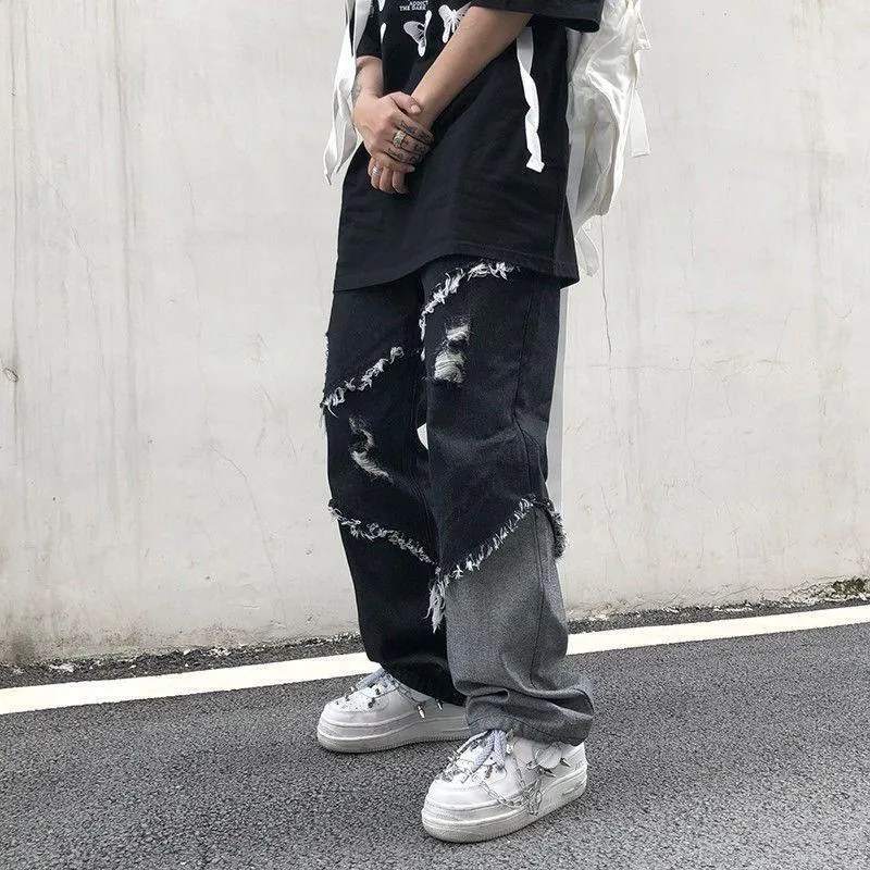 Męskie dżinsy Tassel mężczyźni kobiety Hip Hop Streetwear Lose patchwork proste dżinsowe spodnie męskie harajuku duże szerokie spodnie nogi unisexmen's