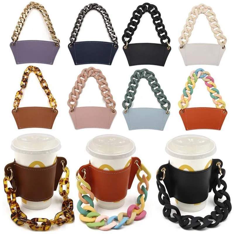 Chain Coffee Cups Sets Hand Held Glass Holder Tumbler Holder Detachable Chain Carrying Handle Cup Outer Packaging Leather