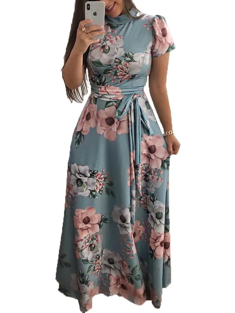 Vestidos de fiesta Mujer Vestido de verano de manga corta 2022 Estampado floral Cintura ajustada Gran columpio Maxi Vestido de verano Casual Suelto Cuello redondo Boho DressParty