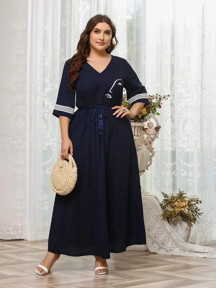 Plus Size Dresses Women's Large Elegant Long Maxi 2022 Summer Lace Blue Oversized Muslim Party Evening Festival ClothingPlus