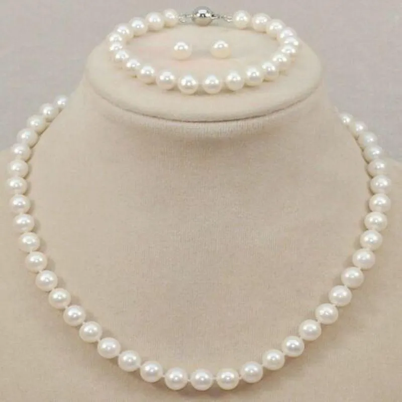 Boucles d'oreilles collier véritable naturel 8mm Akoya coquille perle Bracelet boucle d'oreille un ensemble de boucles d'oreilles